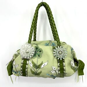 CHARM AND LUCK Y2K Green Floral Embellished Velvet Satchel Bag Jenny Syquia NWT